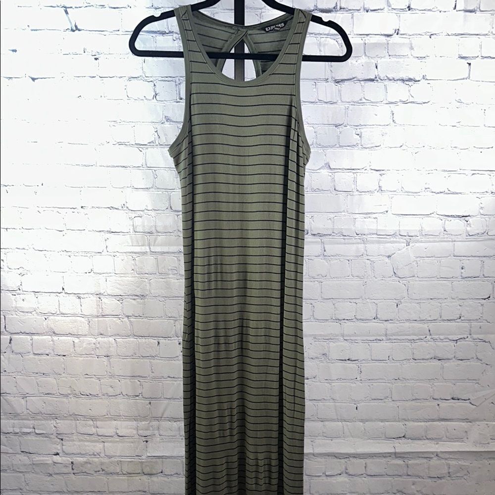 💚 Express Green & Black Striped Maxi Dress | Racerback | Side Slits | Size Smal